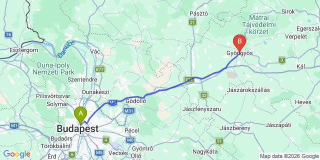 Map: Budapest Nyugati Train Station to Gyöngyös
