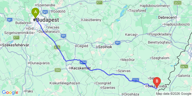 Map: Budapest Nyugati Train Station to Gyula