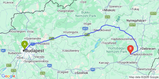 Map: Budapest Nyugati Train Station to Hajdúszoboszló