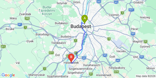 Map: Budapest Nyugati Train Station to Halásztelek