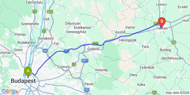 Map: Budapest Nyugati Train Station to Hatvan