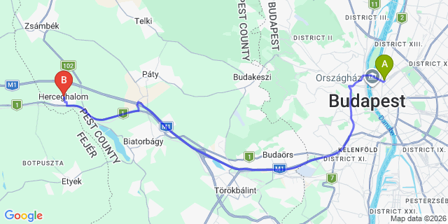 Map: Budapest Nyugati Train Station to Herceghalom