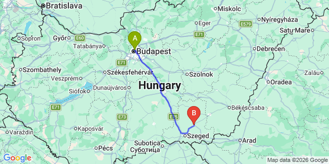 Map: Budapest Nyugati Train Station to Hódmezővásárhely