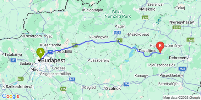 Map: Budapest Nyugati Train Station to Hortobágy