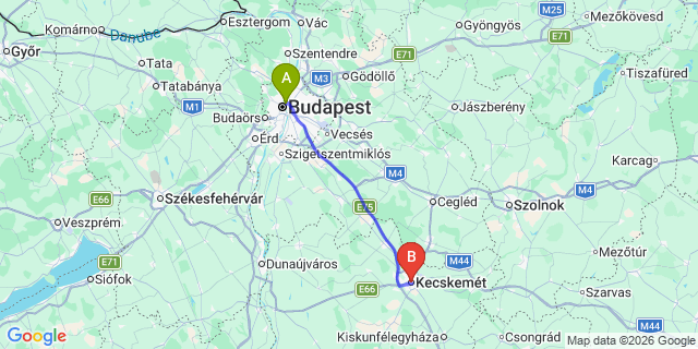 Map: Budapest Nyugati Train Station to Kecskemét