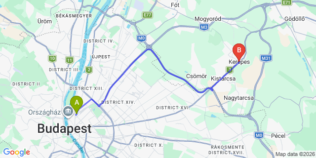 Map: Budapest Nyugati Train Station to Kerepes