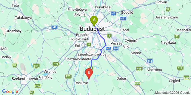 Map: Budapest Nyugati Train Station to Kiskunlacháza
