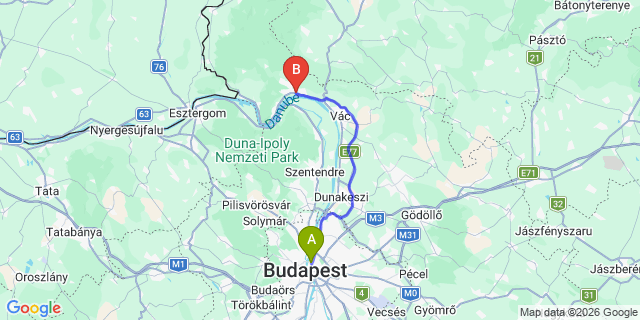 Map: Budapest Nyugati Train Station to Kismaros