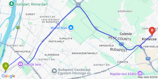 Map: Budapest Nyugati Train Station to Kistarcsa