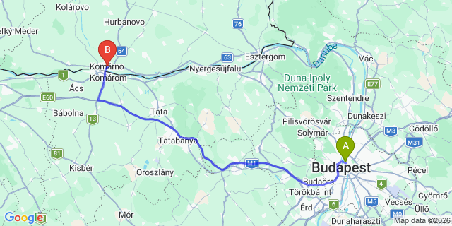 Map: Budapest Nyugati Train Station to Komárno