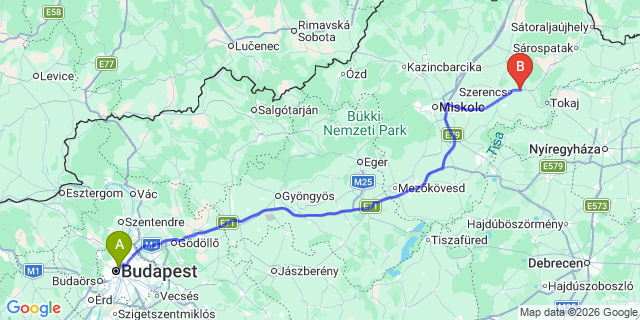 Map: Budapest Nyugati Train Station to Kosice