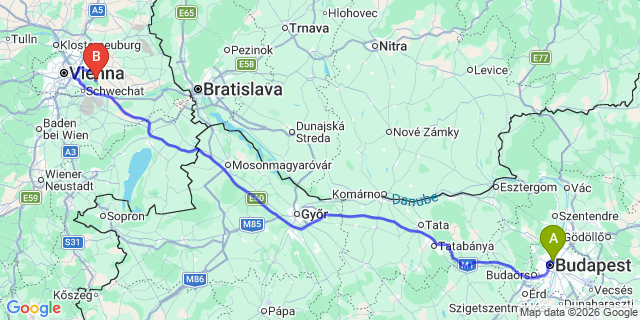 Map: Budapest Nyugati Train Station to Kőszeg