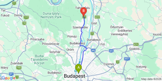 Map: Budapest Nyugati Train Station to Leányfalu