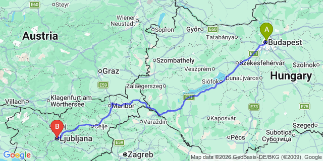 Map: Budapest Nyugati Train Station to Ljubljana