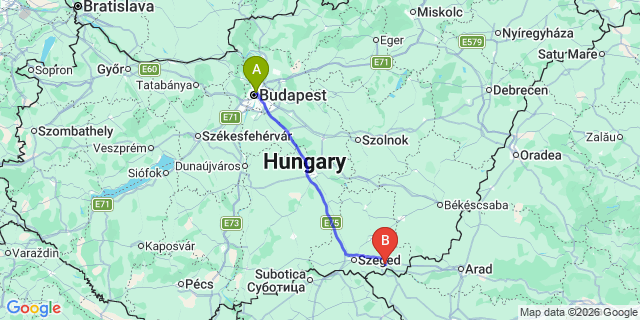 Map: Budapest Nyugati Train Station to Makó