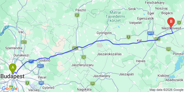 Map: Budapest Nyugati Train Station to Mezőkövesd