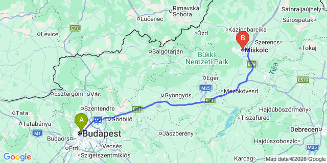 Map: Budapest Nyugati Train Station to Miskolc