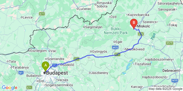 Map: Budapest Nyugati Train Station to Miskolctapolca