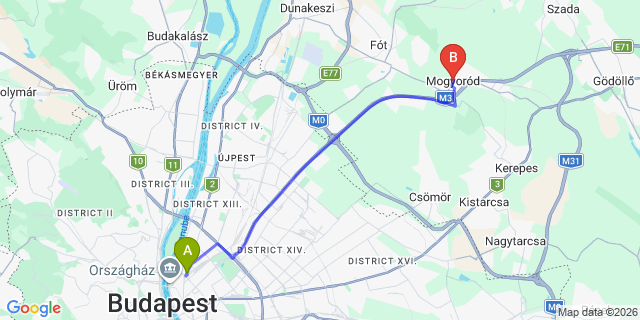 Map: Budapest Nyugati Train Station to Mogyoród