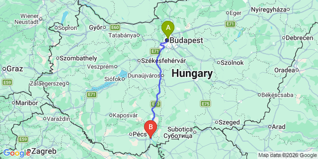 Map: Budapest Nyugati Train Station to Mohács