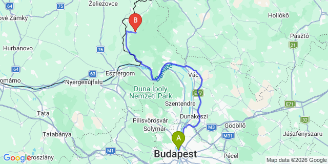 Map: Budapest Nyugati Train Station to Nagybörzsöny