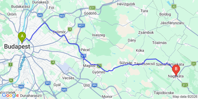 Map: Budapest Nyugati Train Station to Nagykáta