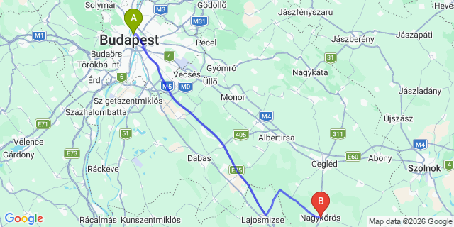 Map: Budapest Nyugati Train Station to Nagykőrös