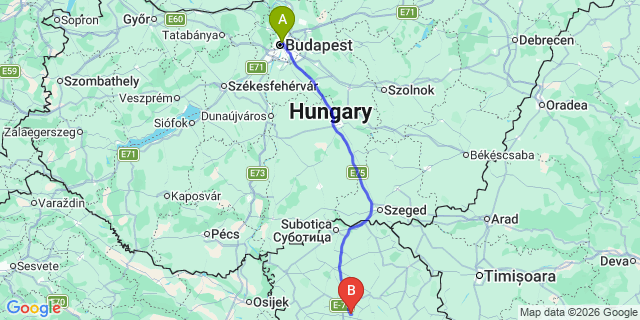 Map: Budapest Nyugati Train Station to Novi Sad