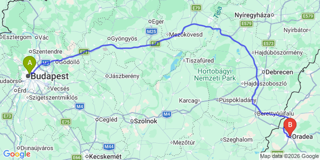 Map: Budapest Nyugati Train Station to Oradea