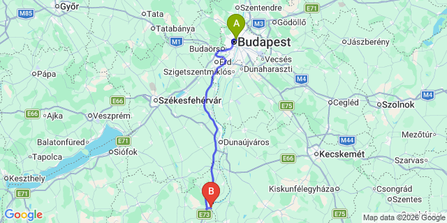 Map: Budapest Nyugati Train Station to Paks