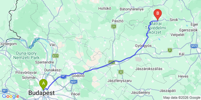 Map: Budapest Nyugati Train Station to Parádfürdő