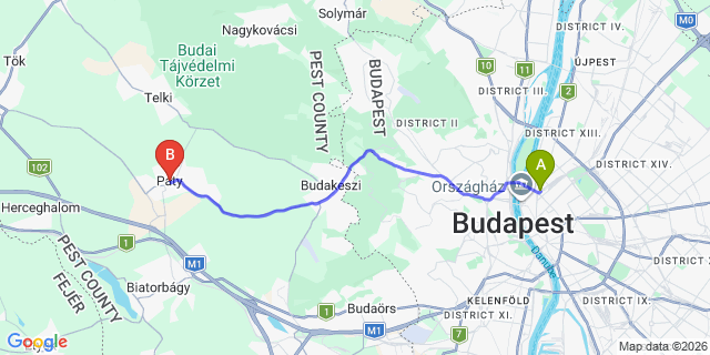 Map: Budapest Nyugati Train Station to Páty