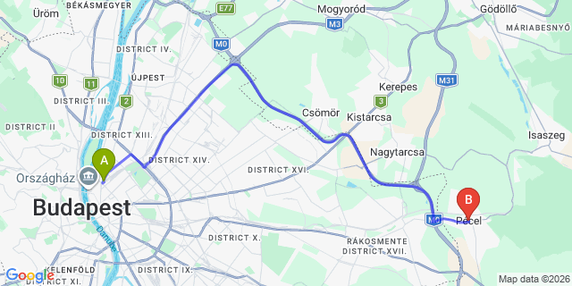 Map: Budapest Nyugati Train Station to Pécel