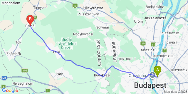 Map: Budapest Nyugati Train Station to Perbál