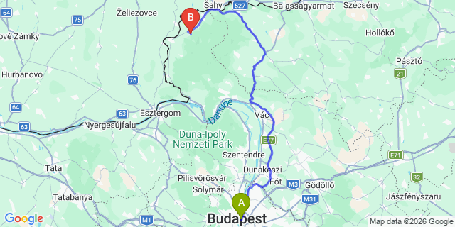 Map: Budapest Nyugati Train Station to Perőcsény