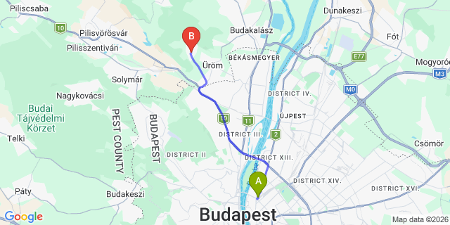 Map: Budapest Nyugati Train Station to Pilisborosjenő