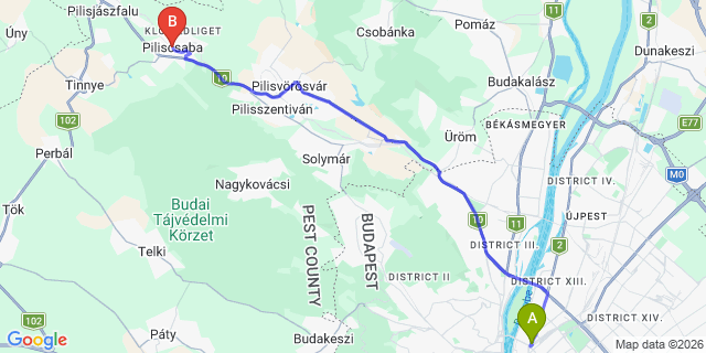 Map: Budapest Nyugati Train Station to Piliscsaba