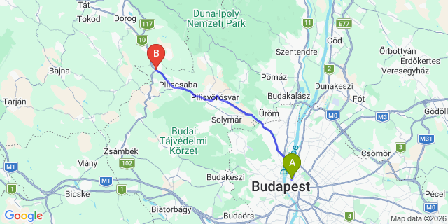 Map: Budapest Nyugati Train Station to Pilisjászfalu