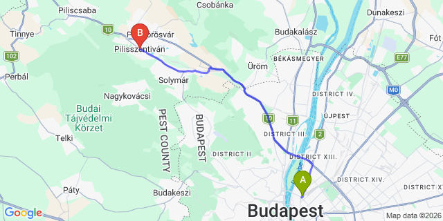 Map: Budapest Nyugati Train Station to Pilisszentiván