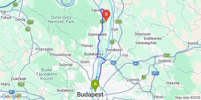 Map: Budapest Nyugati Train Station to Pócsmegyer