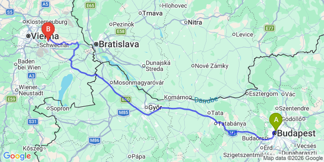 Map: Budapest Nyugati Train Station to Sopron