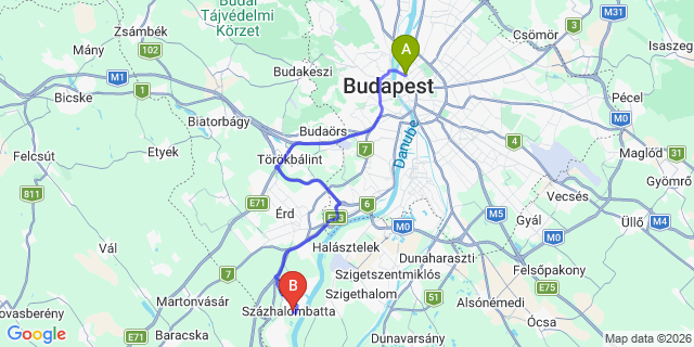 Map: Budapest Nyugati Train Station to Százhalombatta