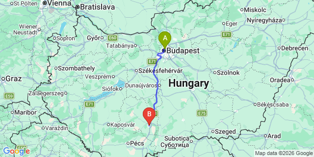 Map: Budapest Nyugati Train Station to Szekszárd