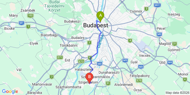 Map: Budapest Nyugati Train Station to Szigethalom