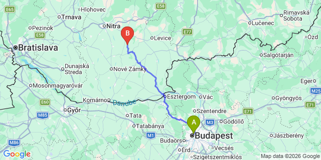 Map: Budapest Nyugati Train Station to Tata