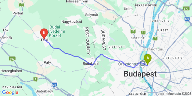 Map: Budapest Nyugati Train Station to Telki