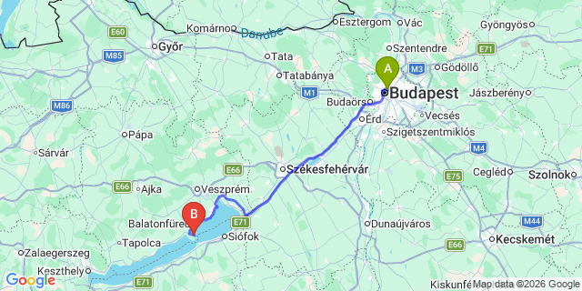 Map: Budapest Nyugati Train Station to Tihany