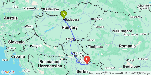 Map: Budapest Nyugati Train Station to Timisoara