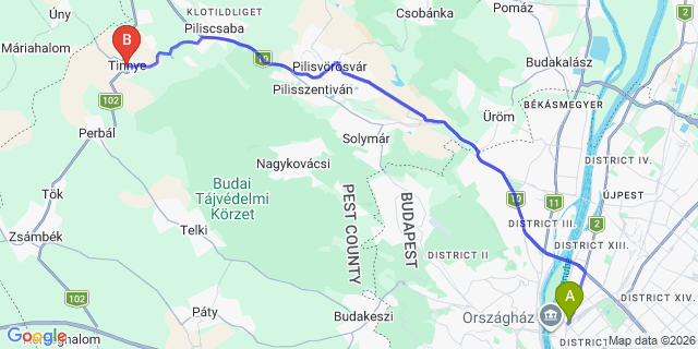 Map: Budapest Nyugati Train Station to Tinnye