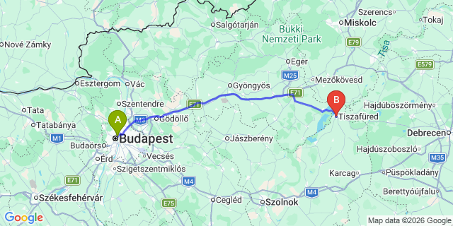 Map: Budapest Nyugati Train Station to Tiszafüred